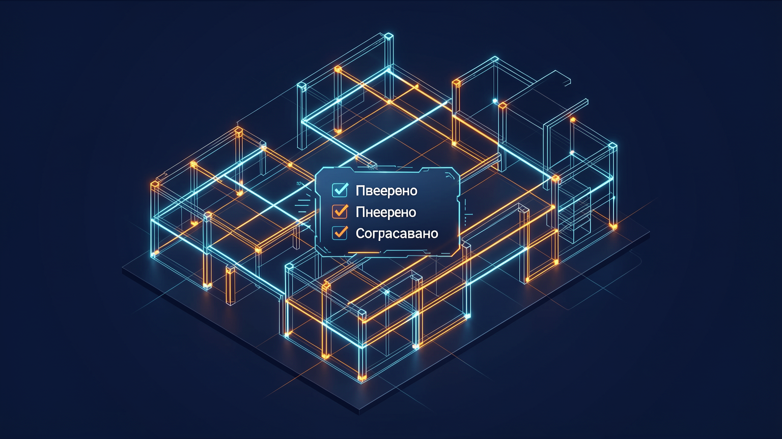 Технологичная визуализация BIM-модели здания в изометрии на тёмно-синем фоне. Сквозная структура здания подсвечена неоновыми линиями (голубой и оранжевый), показывающими точки коллизий и проверки параметров. В центре — цифровой интерфейс с галочками «Проверено» и «Согласовано». Стиль: футуристичный, корпоративный, без текста, акцент на точности и цифровом контроле. Угол: 30 градусов, вид сверху.